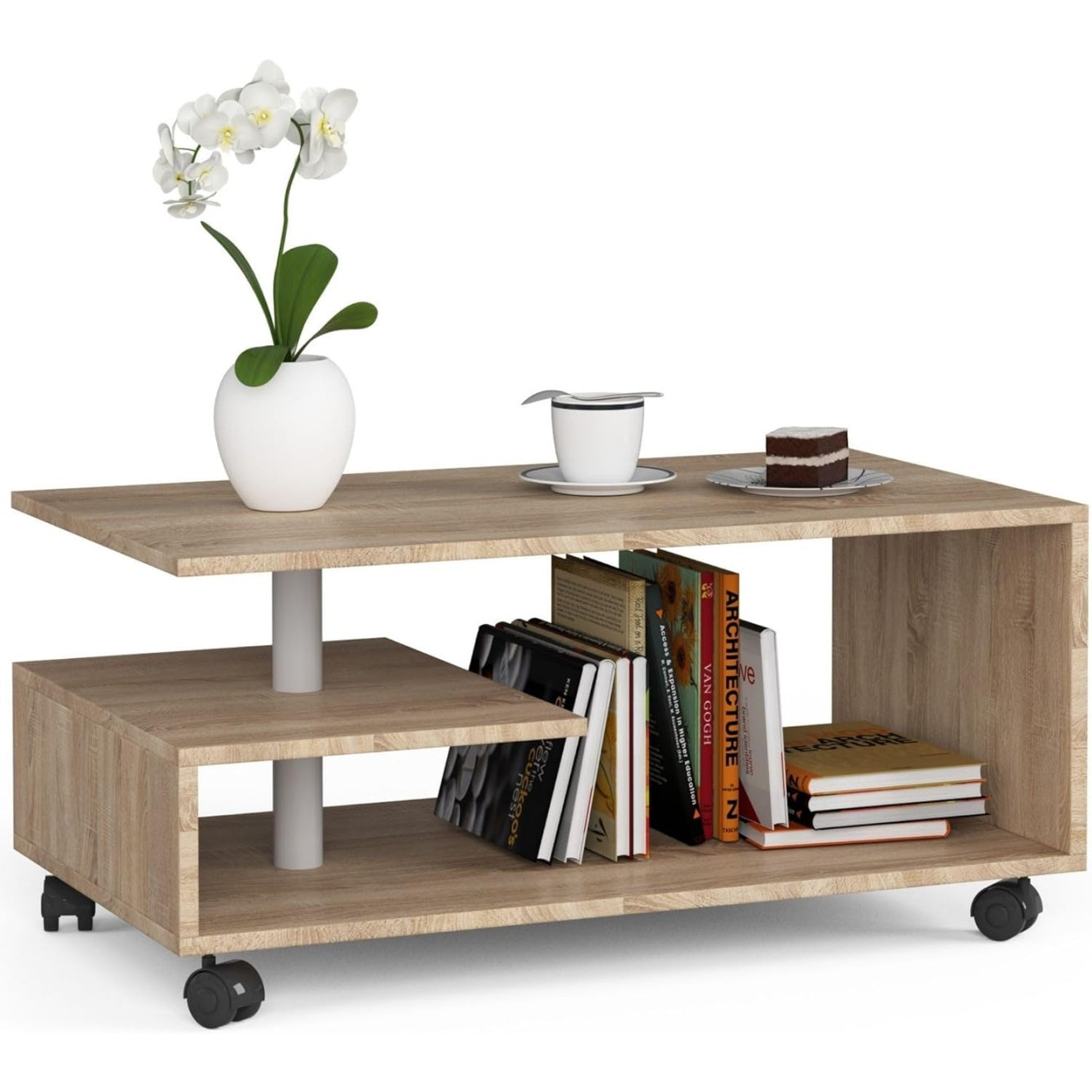 Tavolino da Caff¨¨ con Ruote a 3 Livelli Finitura Rovere Sonoma