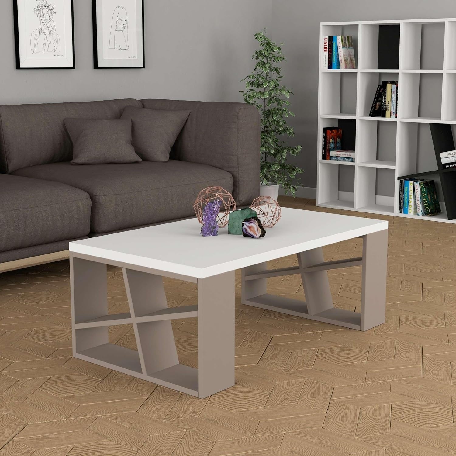 Tavolino da Salotto in Legno Bianco e Tortora 105 x 60 cm