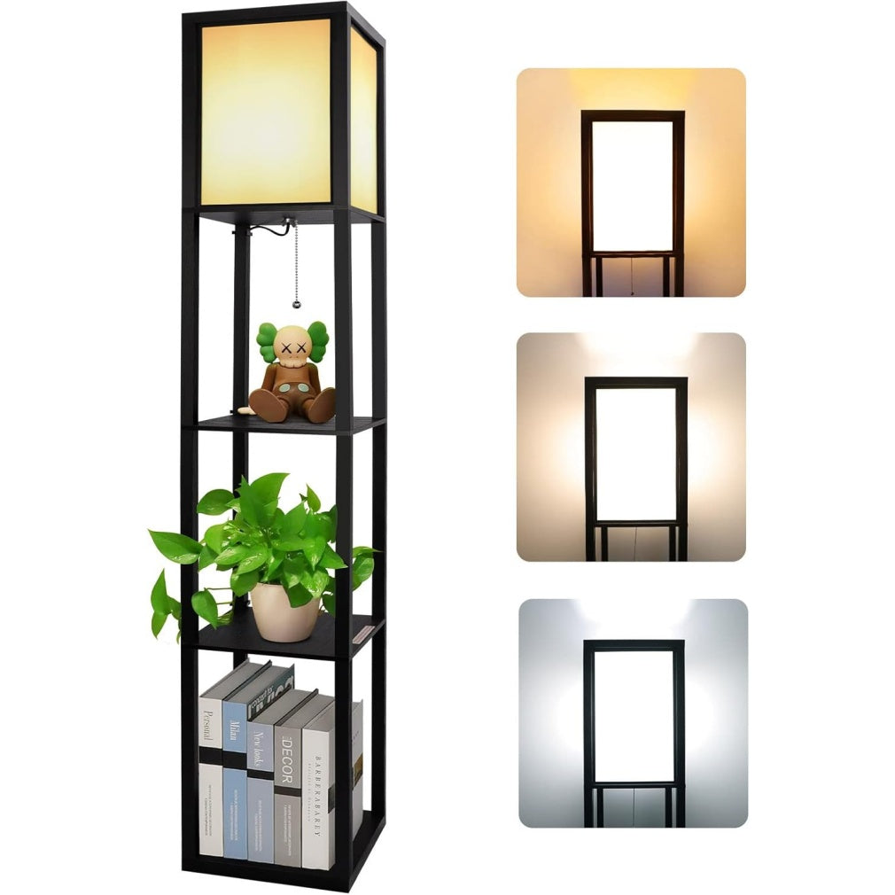 Lampada da Terra in Legno con Ripiano Temperatura Colore da 3000K a 5000K Attacco E27 Lampadine Incluse