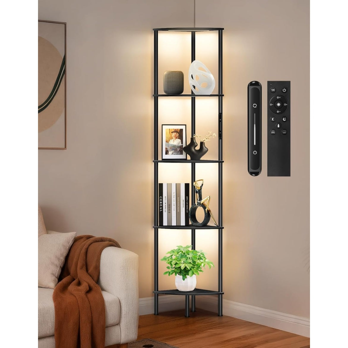 Lampada da Terra LED con Libreria Angolare a 5 Ripiani Controllo Touch Telecomando e 3 Temperature di Colore