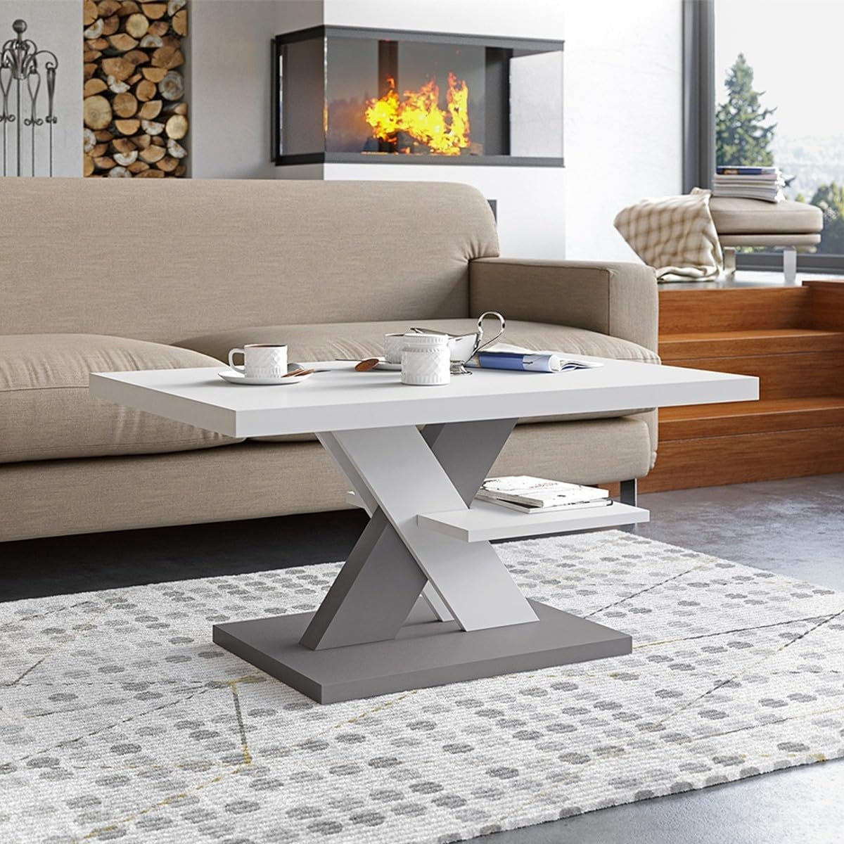 Tavolino da Salotto Moderno con Ripiano Bianco e Grigio