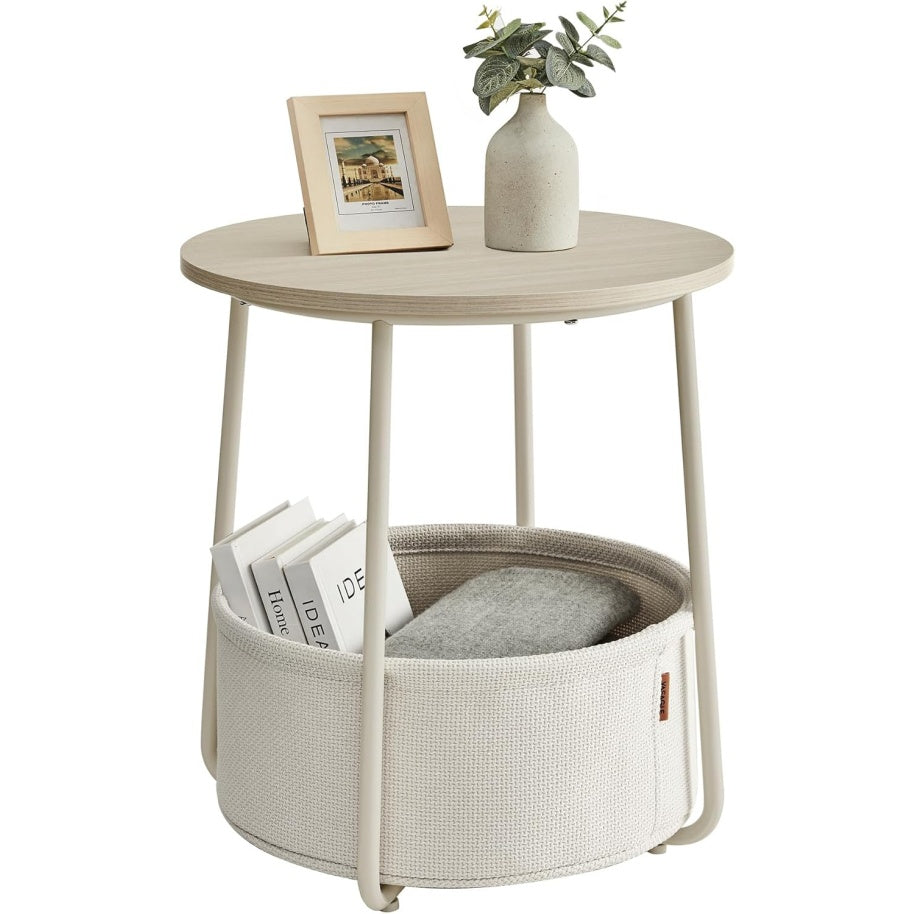 Tavolino Rotondo con Cestino in Tessuto Comodino Moderno per Soggiorno e Camera da Letto Beige Naturale e Bianco Crema