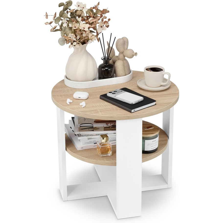 Tavolino Rotondo da Divano con Ripiano a 2 Livelli Design Industriale Bianco e Rovere Sonoma 53 cm