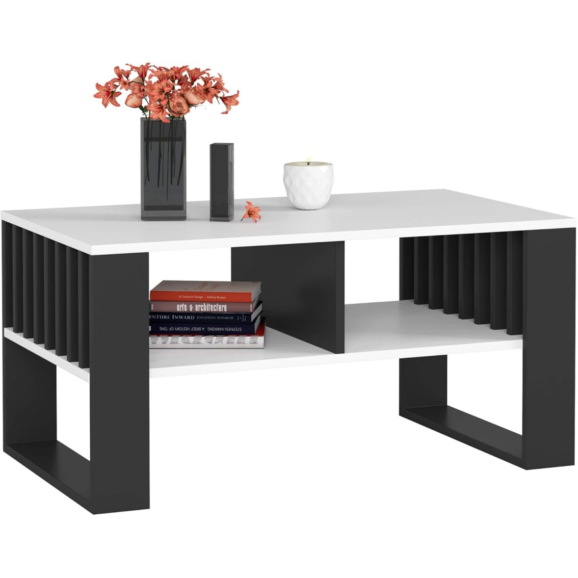 Tavolino da Salotto Moderno in Legno con Ripiano e Gambe Robuste Bianco e Nero 92 x 45 x 53 cm