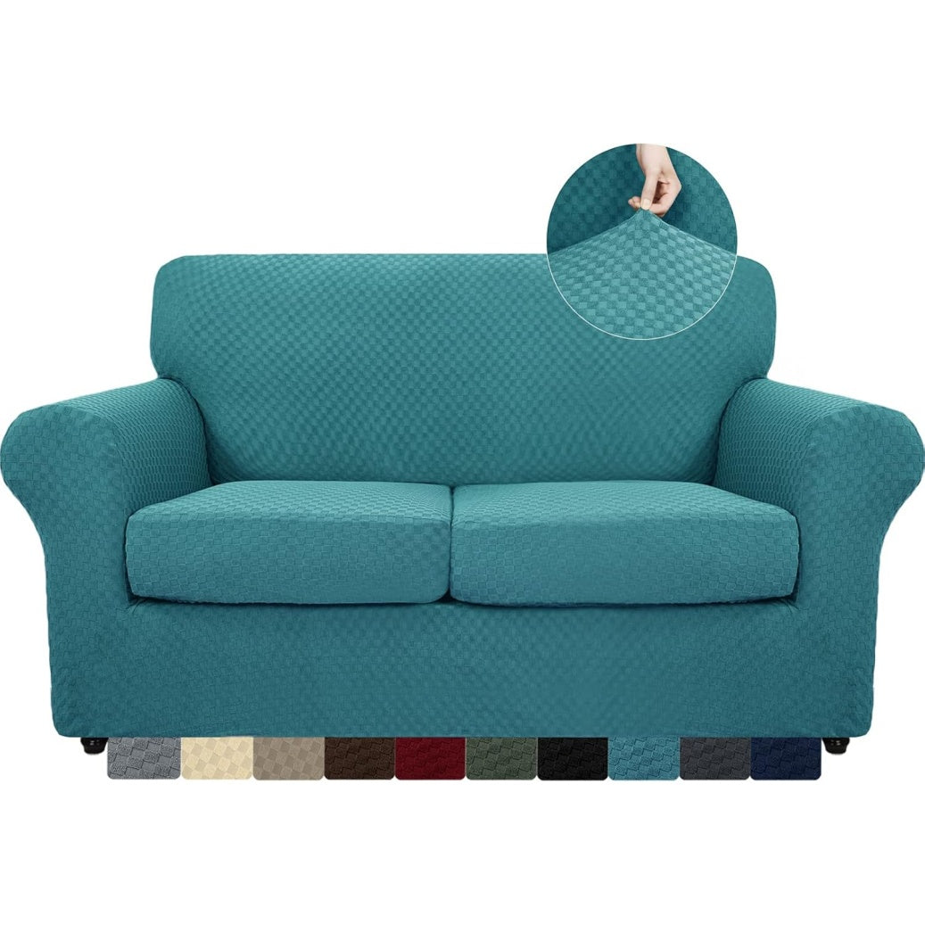 Rivestimento per Divano Due Posti con Copricuscini Separati Tessuto Elasticizzato Pet Friendly Blu Pavone